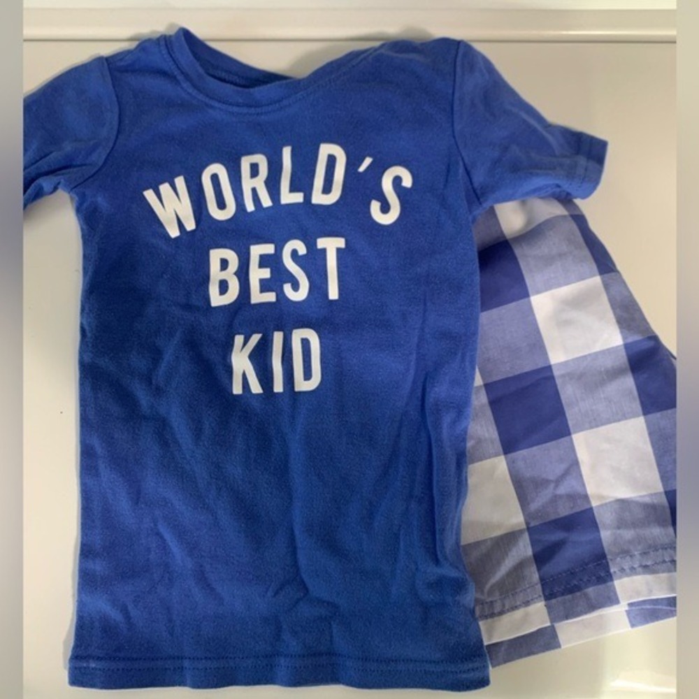 PJ Place Pajama Set Size 5/6‎ Blue World's Best Kid Plaid Shorts PJs